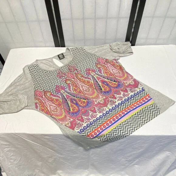 Bobeau Oversize Inset Print Front Keyhole Back Tunic Grey S Long Dolman Sleeve - Picture 8 of 13